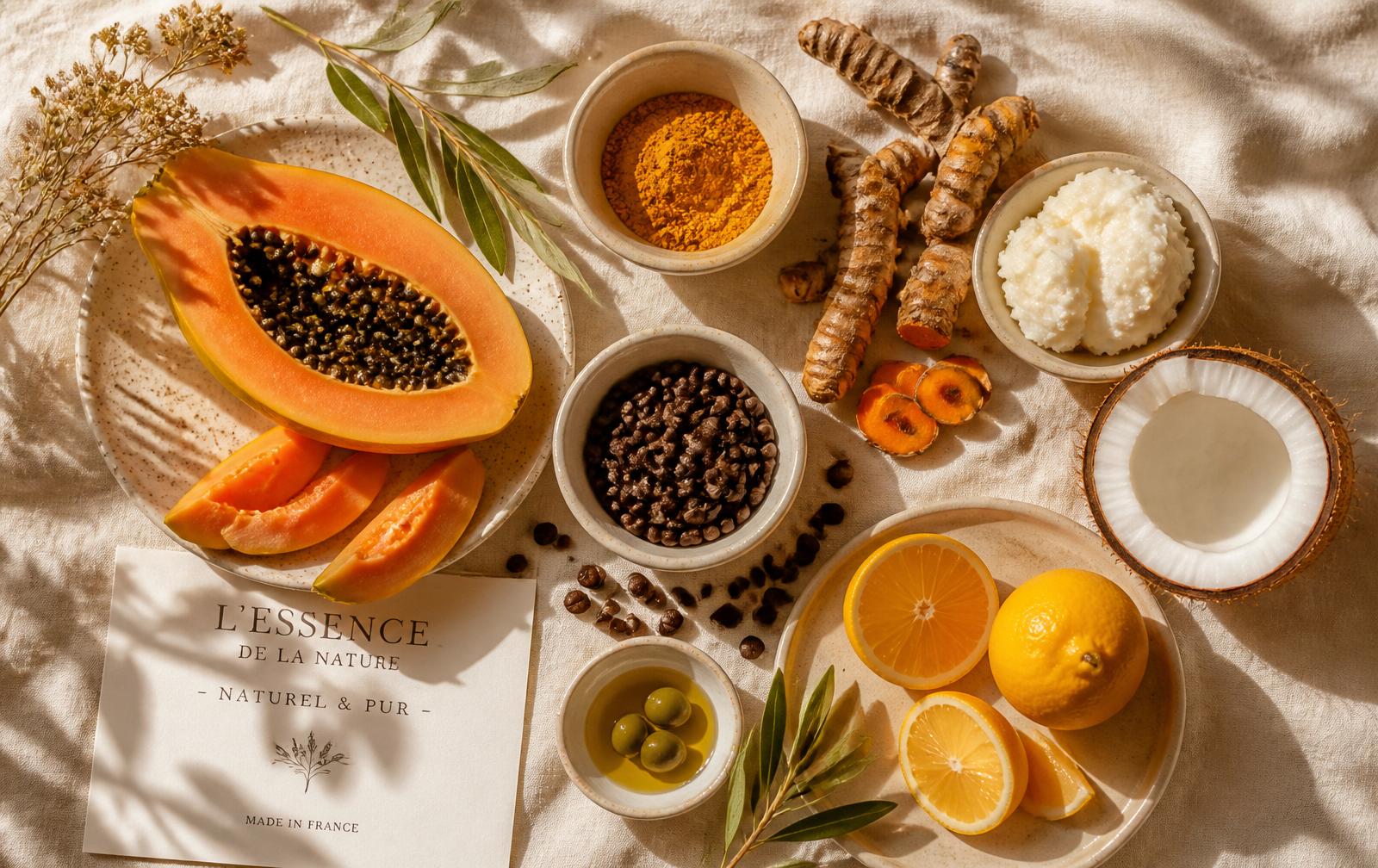 Ingrédients naturels : papaye, curcuma, karité, café, coco, agrumes